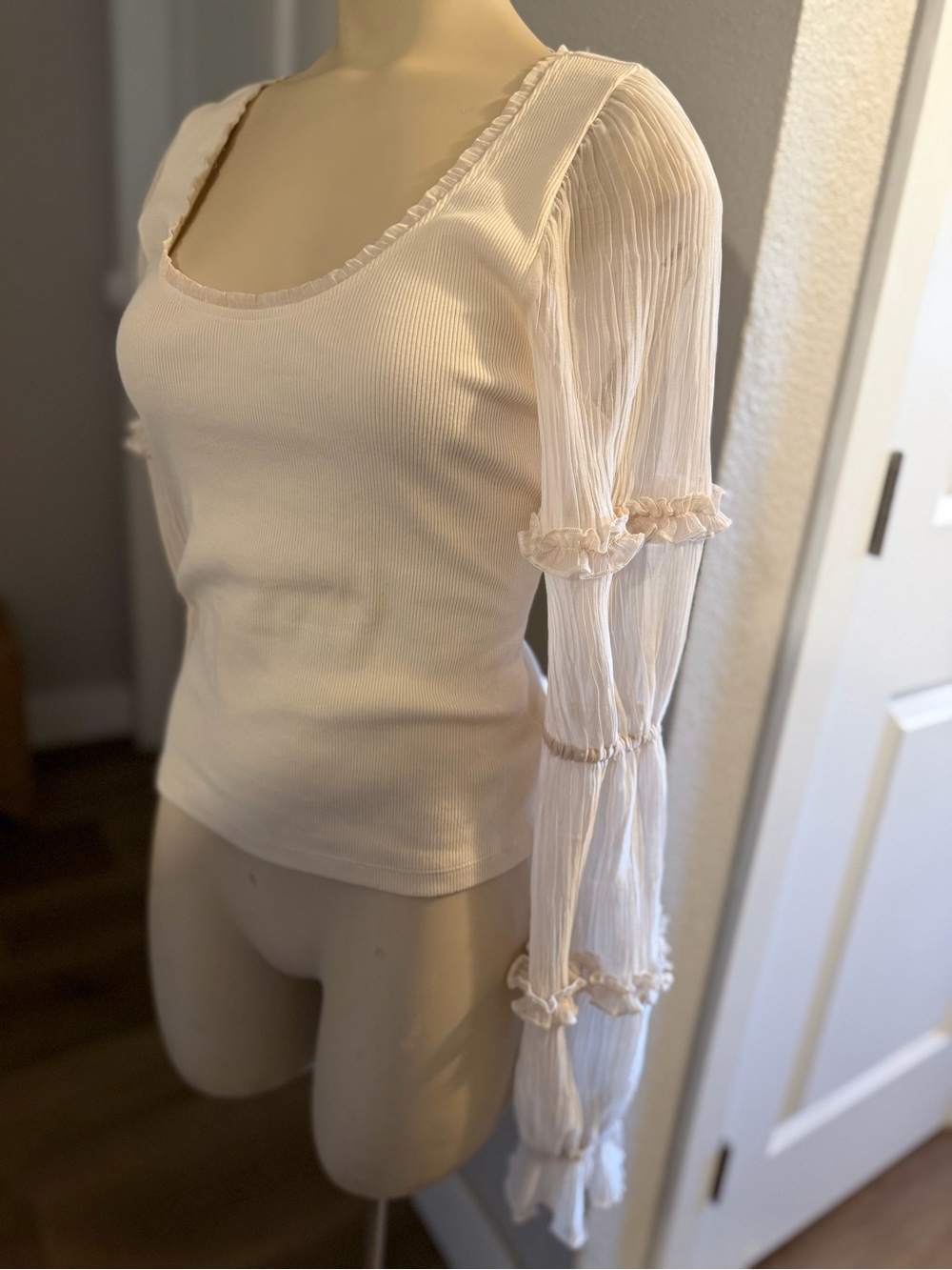 Anthropologie Cream Ribbed Scoop Neck Top with Sheer Tiered Ruffle Sleeves